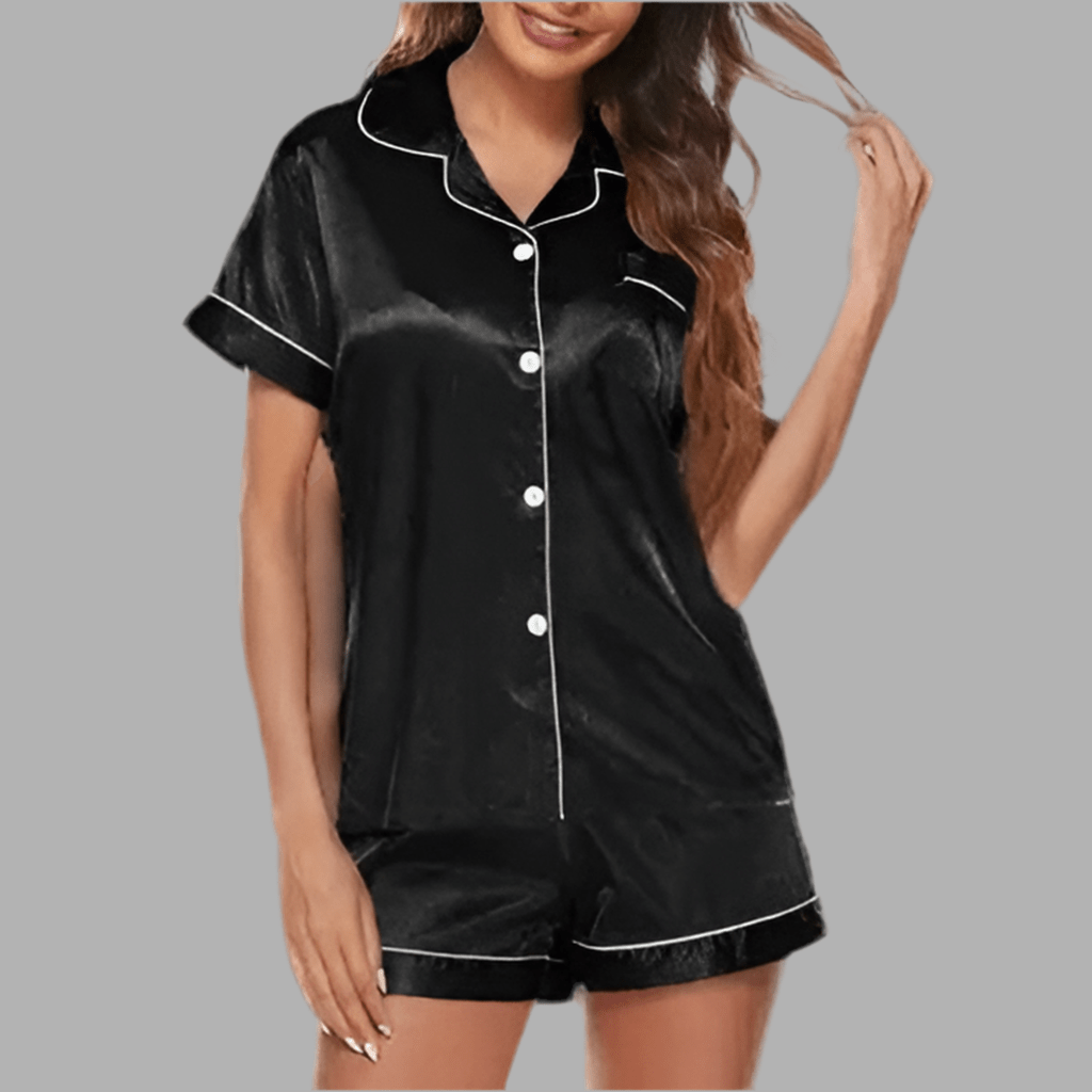 Wholesalesir Silk Satin Pajamas Set Loungewear Button-Down Pj Sets: Black